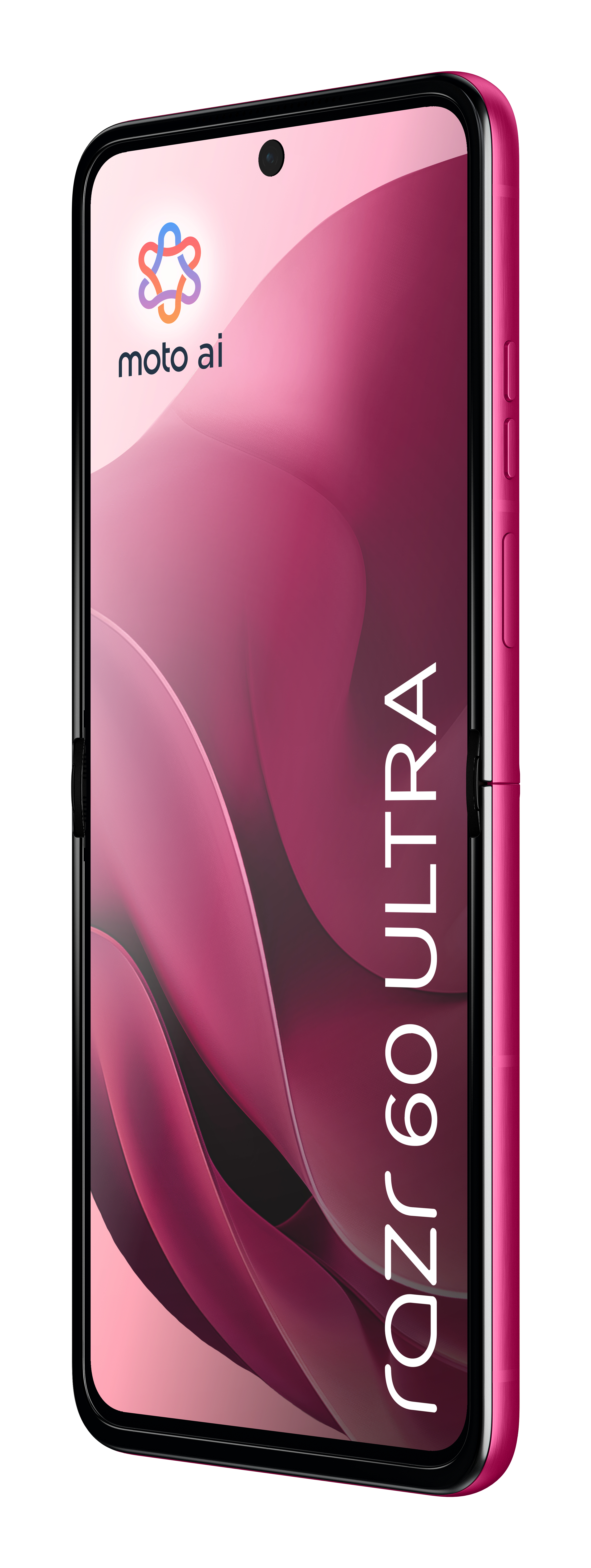 Różowy smartfon rozłożony, logo moto ai, tekst 'razr 60 ultra', białe tło.