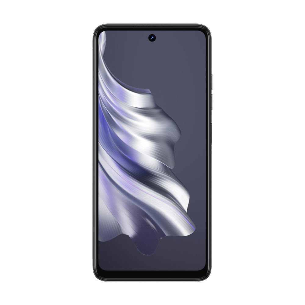 Siyah çerçeveli ve beyaz ve gümüş girdap tasarımı gösteren bir ekranı olan bir akıllı telefon.