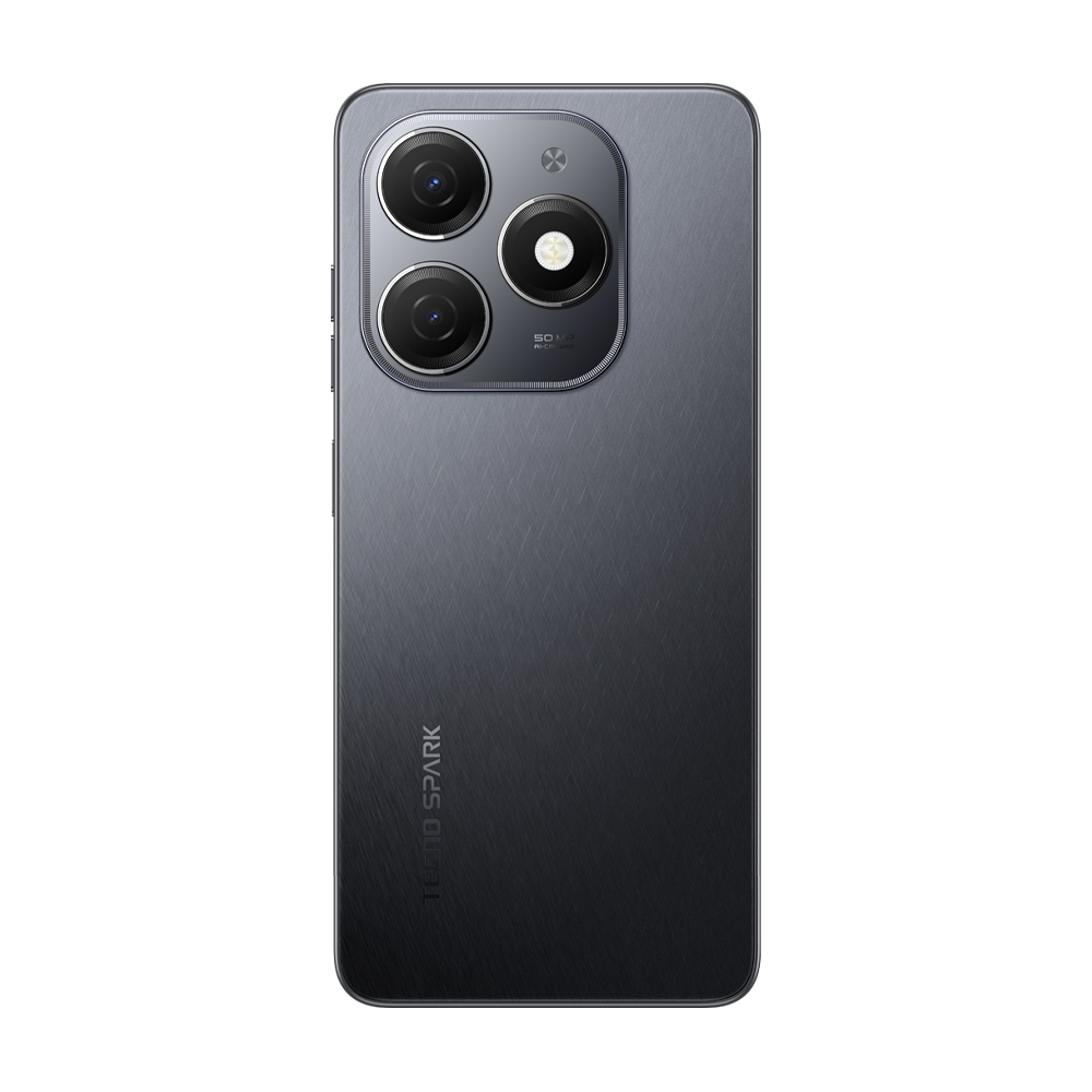 Telefon arkası, koyu gri, üç kamera ve TECNO SPARK logosu ile.