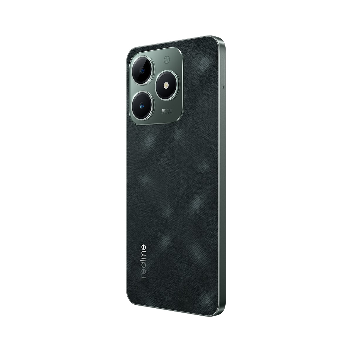 Siyah akıllı telefon arkası, üçlü kamera dizilimi, açılı görünüm.