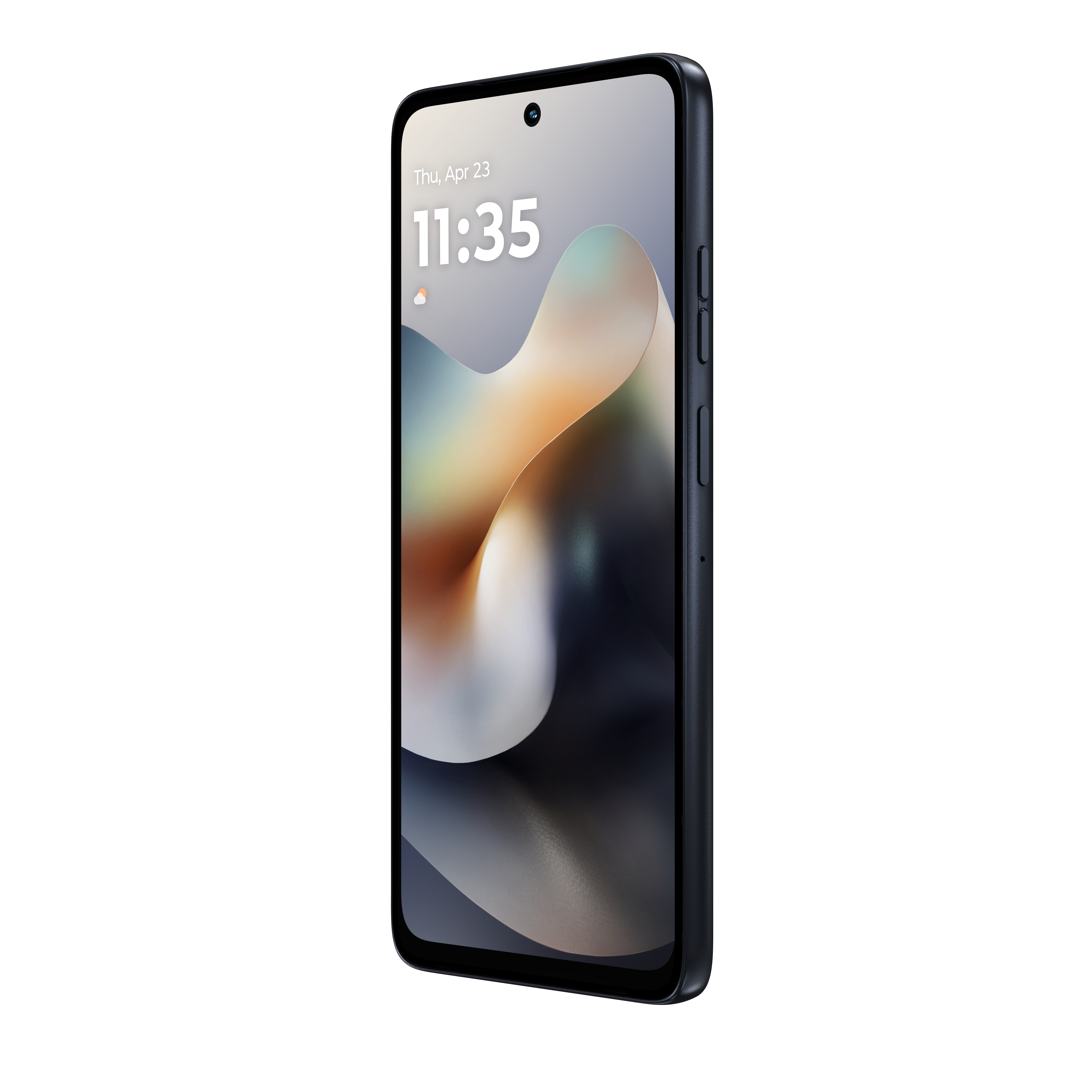 Czarny telefon, pod kątem. Ekran wyświetla falisty wzór, godzinę 11:35 i datę. Białe tło.