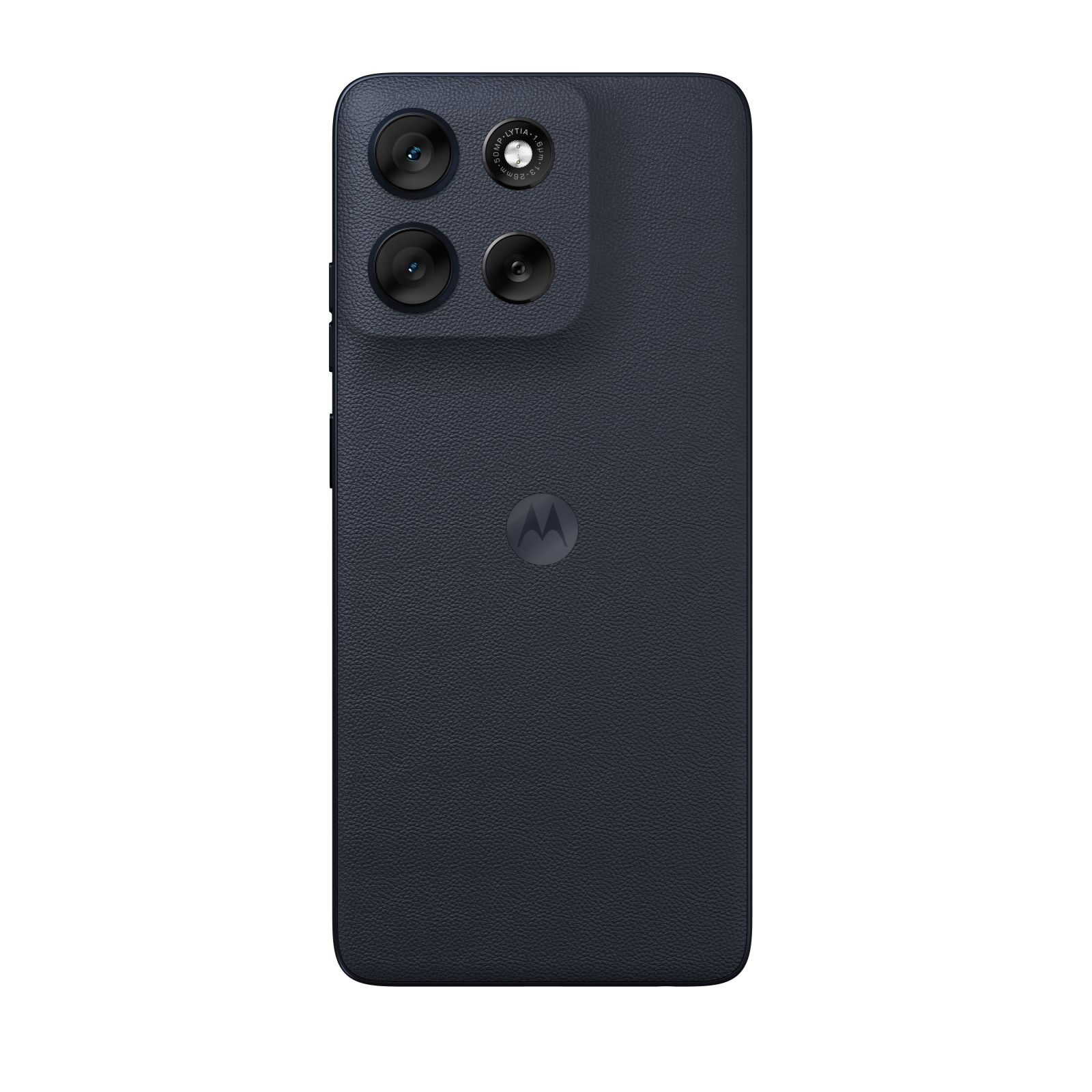 Widok z tyłu granatowego telefonu Motorola z wieloma aparatami i logo Motorola.