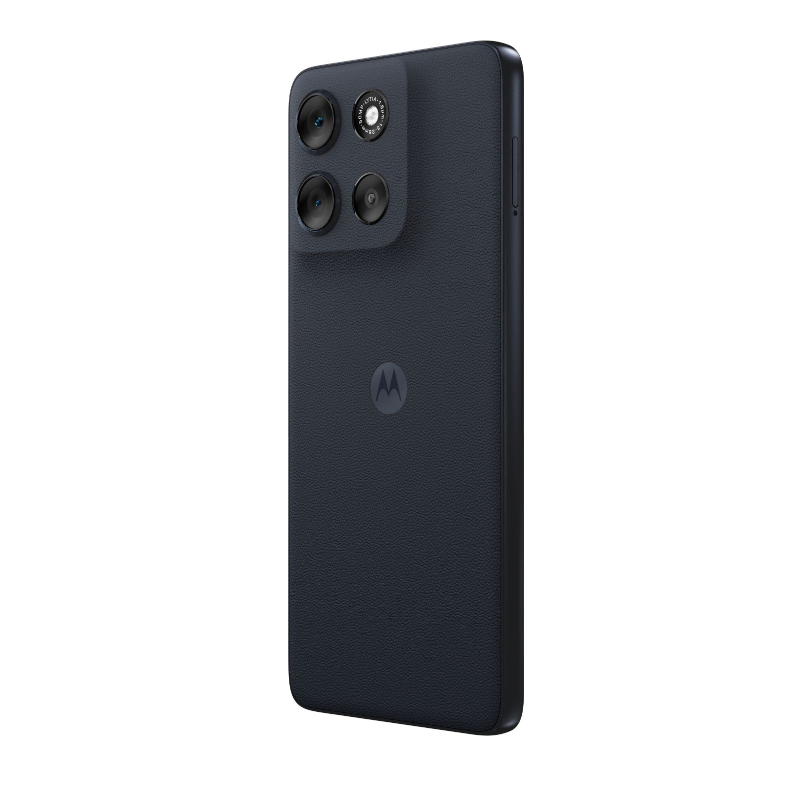 Widok z tyłu granatowego telefonu Motorola z wieloma aparatami i logo Motorola.