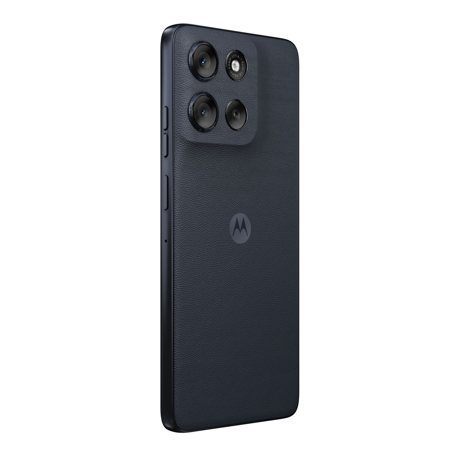 Achteraanzicht van een donkerblauwe Motorola-telefoon met meerdere camera's en het Motorola-logo.