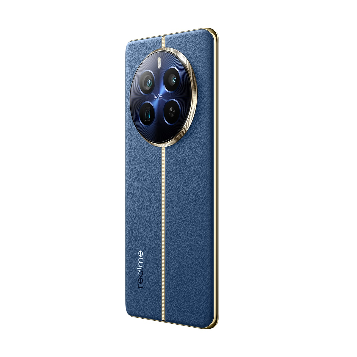 Büyük kamera modülü ve altın detaylara sahip mavi telefon arkası. Realme logosu görünüyor.