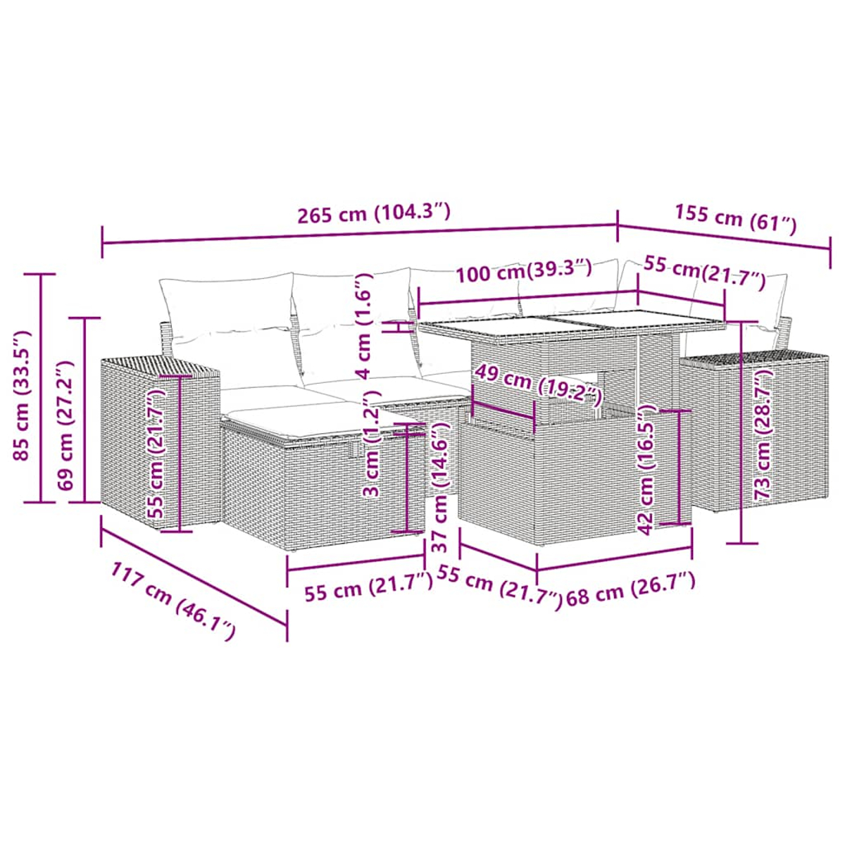Diagramm eines Rattansets mit Abmessungen. Es enthält ein Sofa, einen Tisch und zwei Ottomanen.