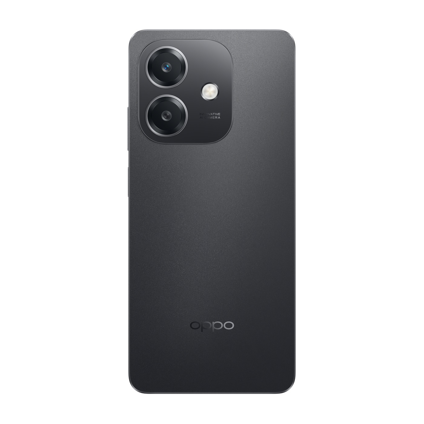 İki kamerası ve Oppo logosu olan koyu gri telefonun arkası. Arka plan beyazdır.