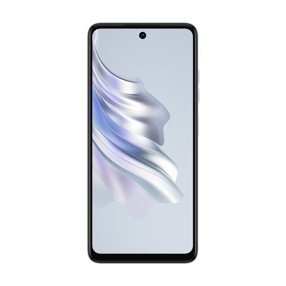 Beyaz ve gri soyut bir tasarım gösteren siyah ekranlı bir akıllı telefon. Telefon dikey olarak tutuluyor.