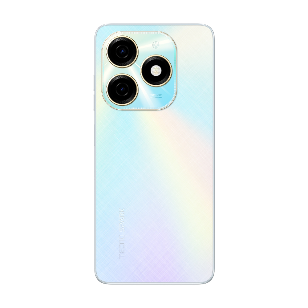 Beyaz bir Tecno Spark telefonunun arkası, üç kamera ve Tecno Spark logosunu gösteriyor. Telefonun gradyan bir yüzeyi var.