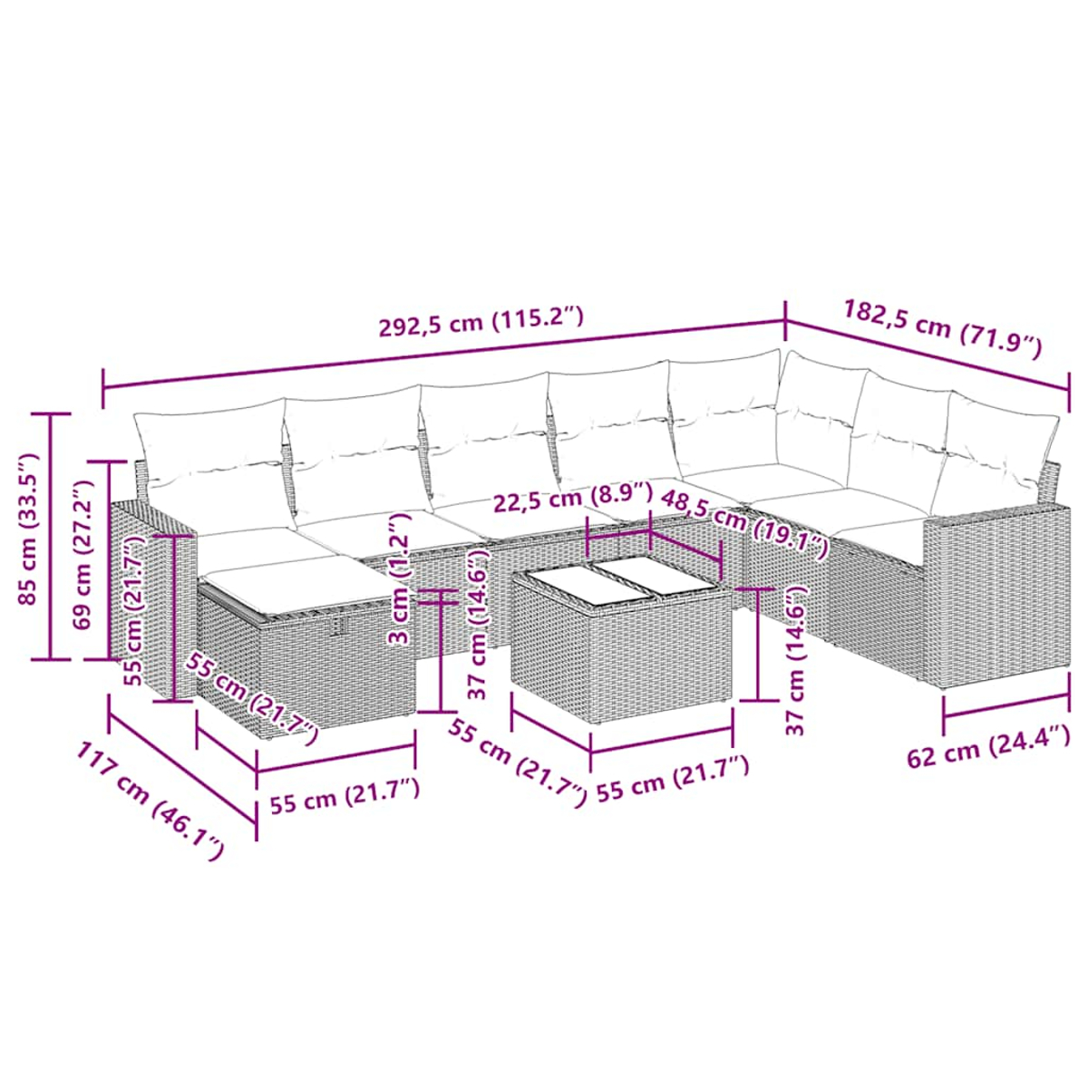 Diagramm eines Rattansets mit Maßen. Das Set umfasst ein Sofa, einen Tisch und eine Ottomane.
