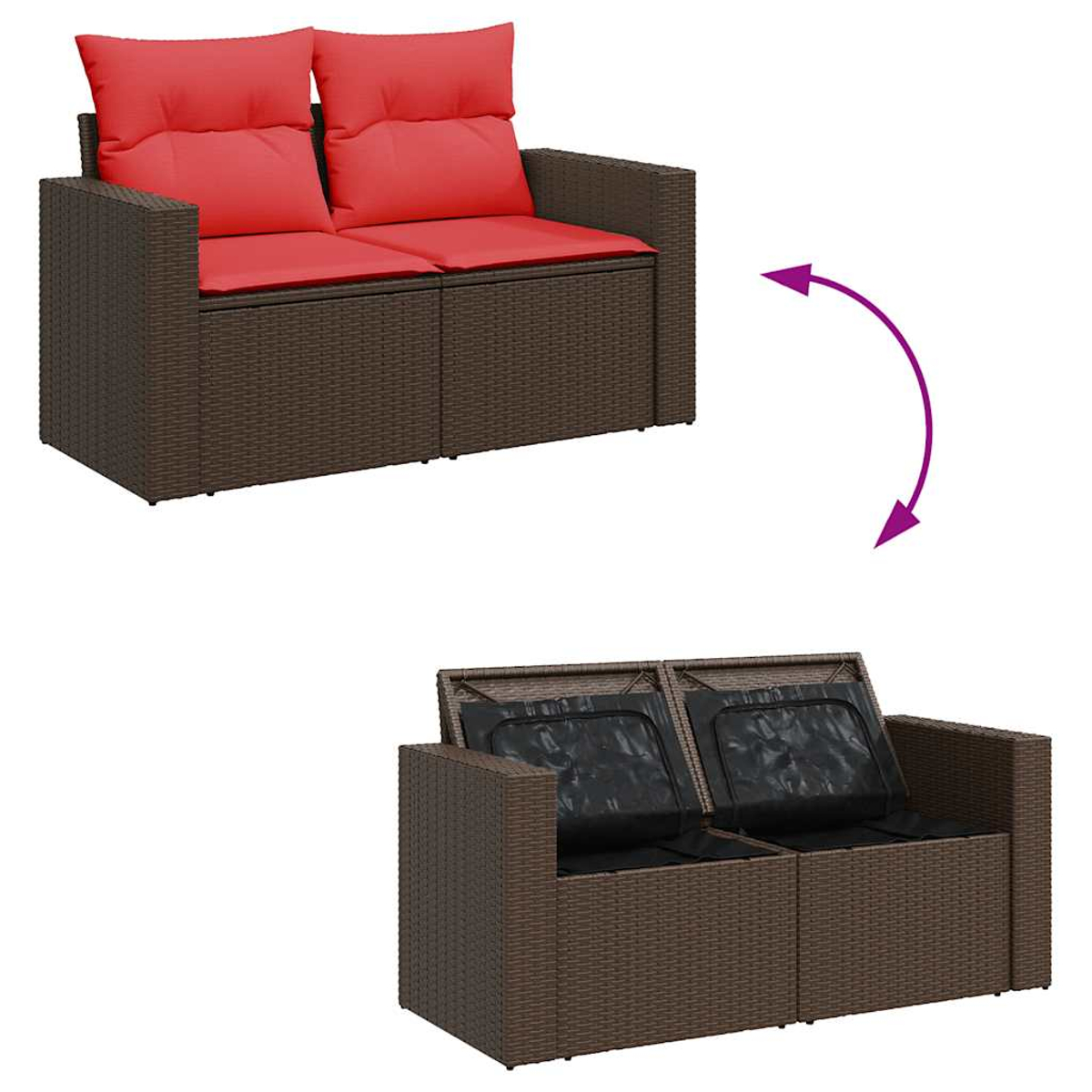 Zweisitzer-Sofa mit roten Kissen. Unten ist das Sofa mit offenem Stauraum.