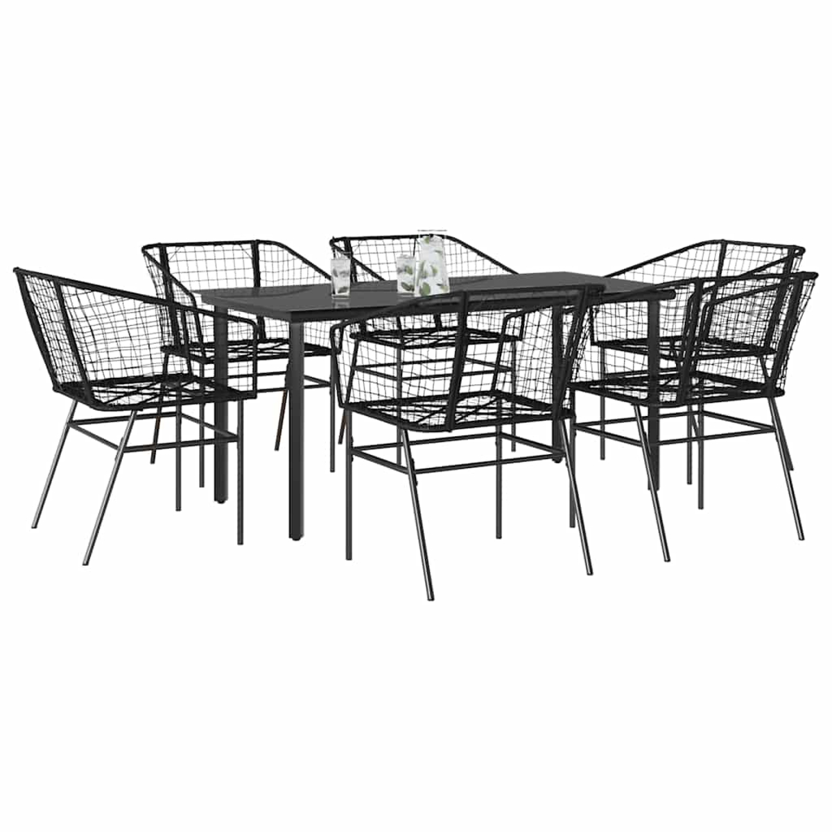Outdoor-Essgruppe mit schwarzem Tisch, sechs Drahtstühlen und einer Glasvase auf dem Tisch.
