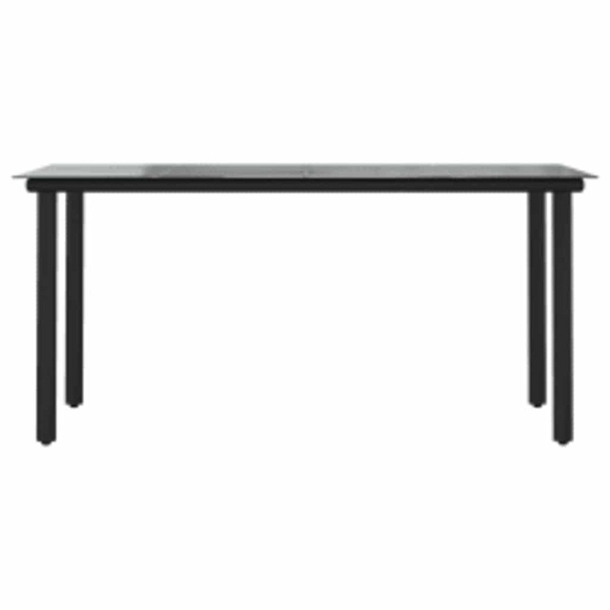 Schwarzer Tisch mit langer, rechteckiger Platte und vier schwarzen Beinen.
