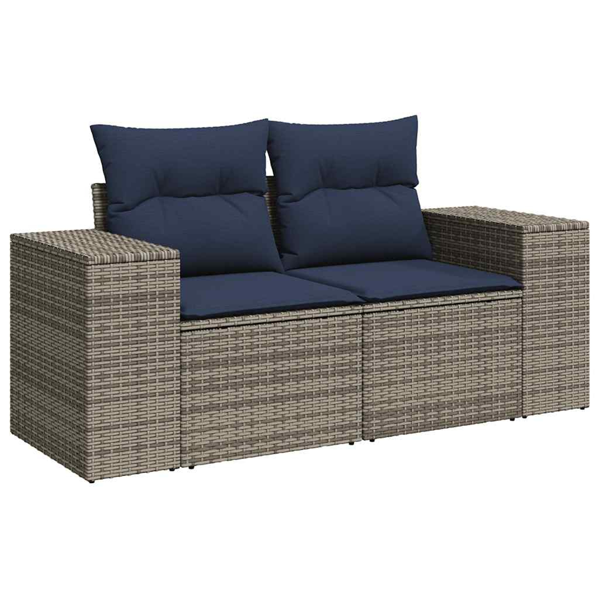 Wicker-Zweisitzer-Sofa mit blauen Kissen. Das Sofa hat zwei Sitz- und Rückenkissen.
