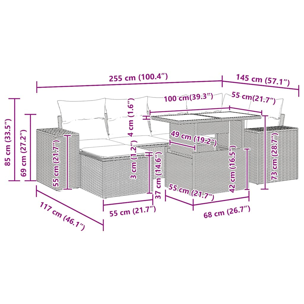 Ein Diagramm mit den Abmessungen eines Terrassensets. Es umfasst ein Sofa, einen Tisch und zwei Beistelltische.