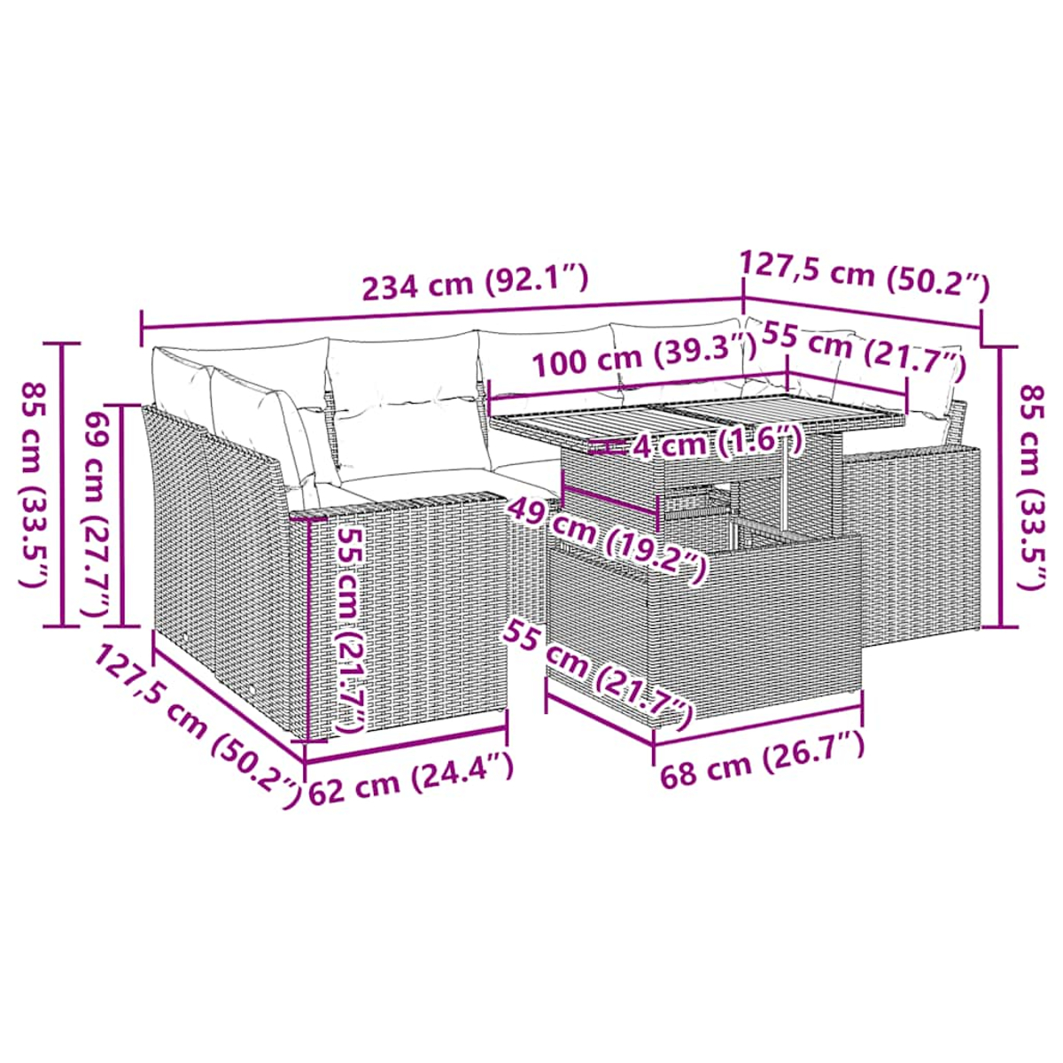 Diagramm eines Rattans-Outdoormöbelsets mit Abmessungen. Beinhaltet ein Ecksofa, einen Tisch und eine Aufbewahrungseinheit.