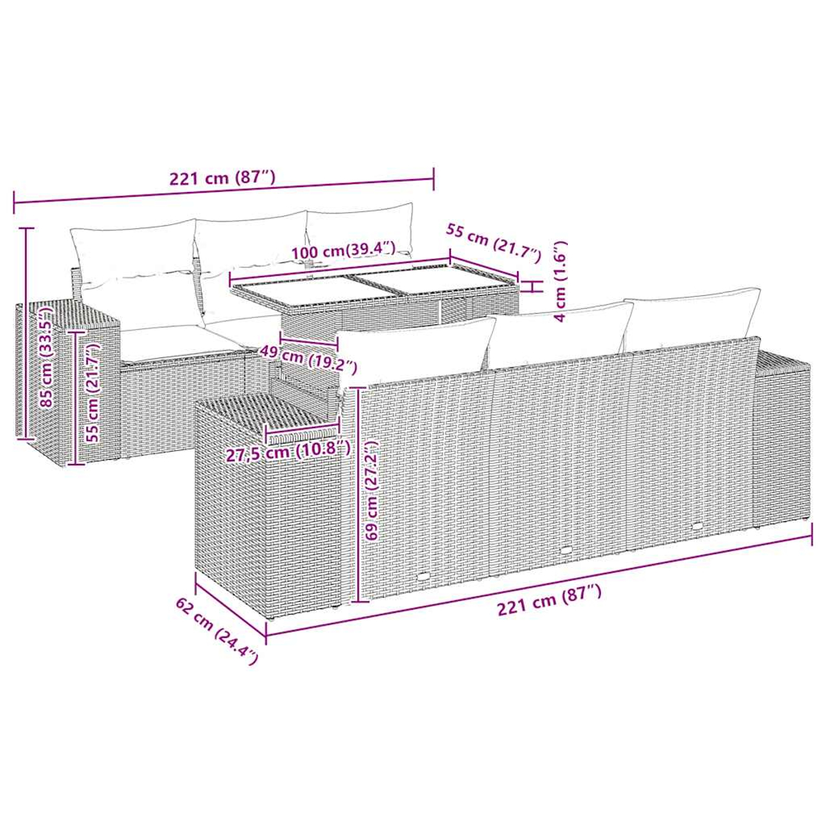 Ein Diagramm, das ein Terrassenset mit Abmessungen zeigt. Es umfasst ein Sofa, einen Tisch und einen Beistelltisch.