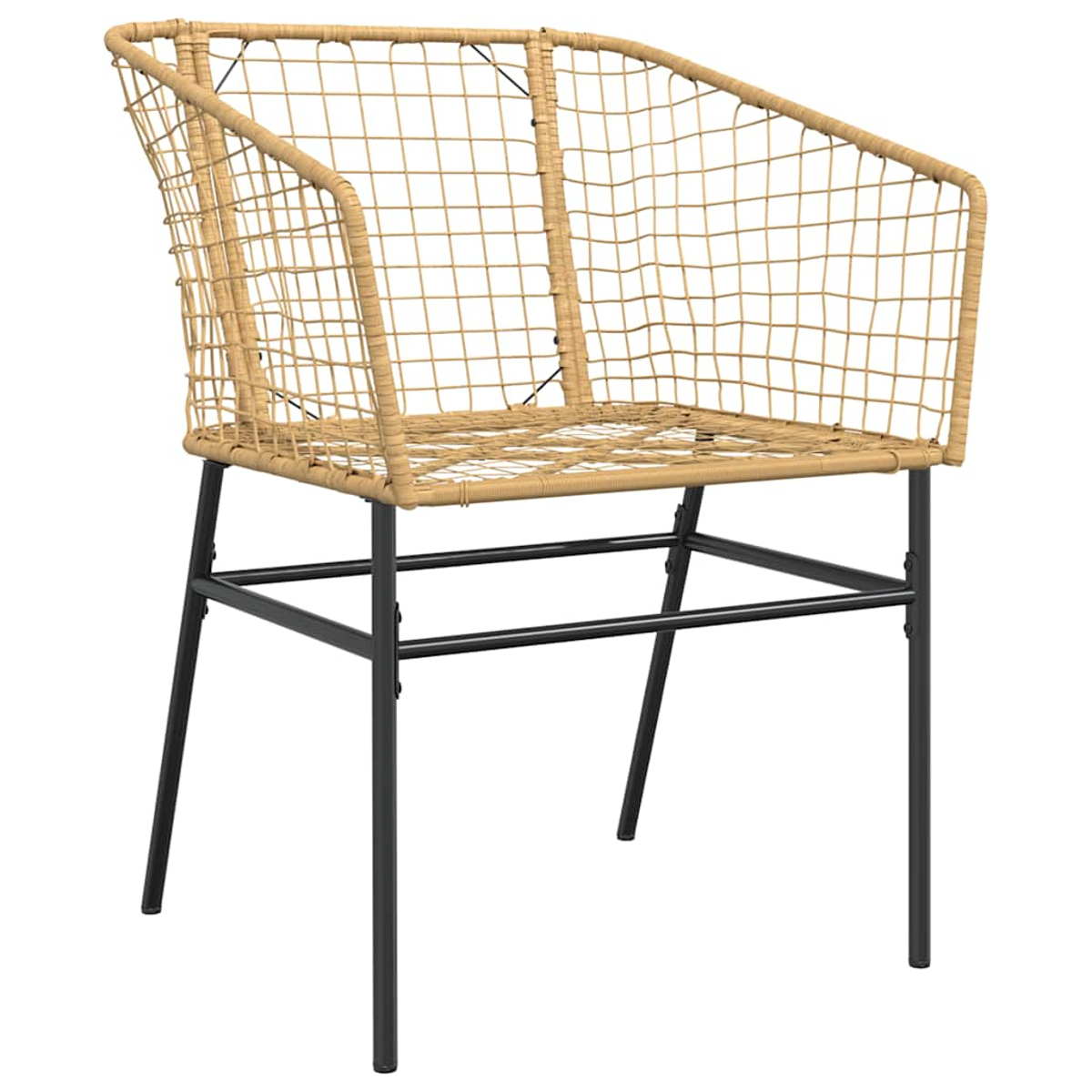 Ein beiger Drahtstuhl mit schwarzen Metallbeinen. Der Stuhl hat einen gewebten Sitz und Rücken.