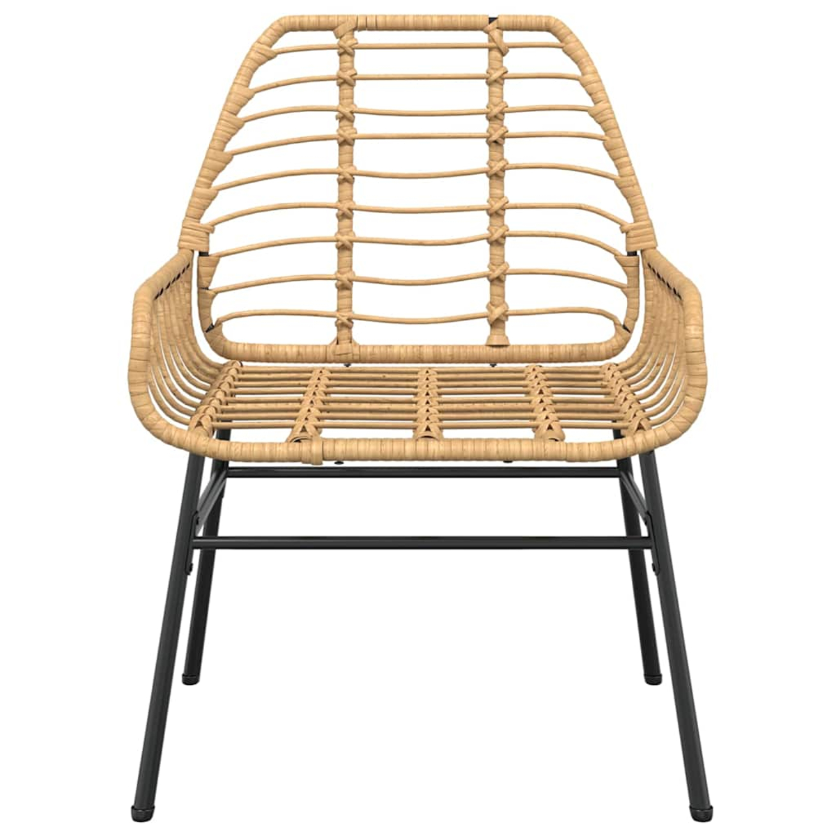 Rattanstuhl mit schwarzen Metallbeinen, von vorne gesehen, mit gewebtem Sitz und Rücken.