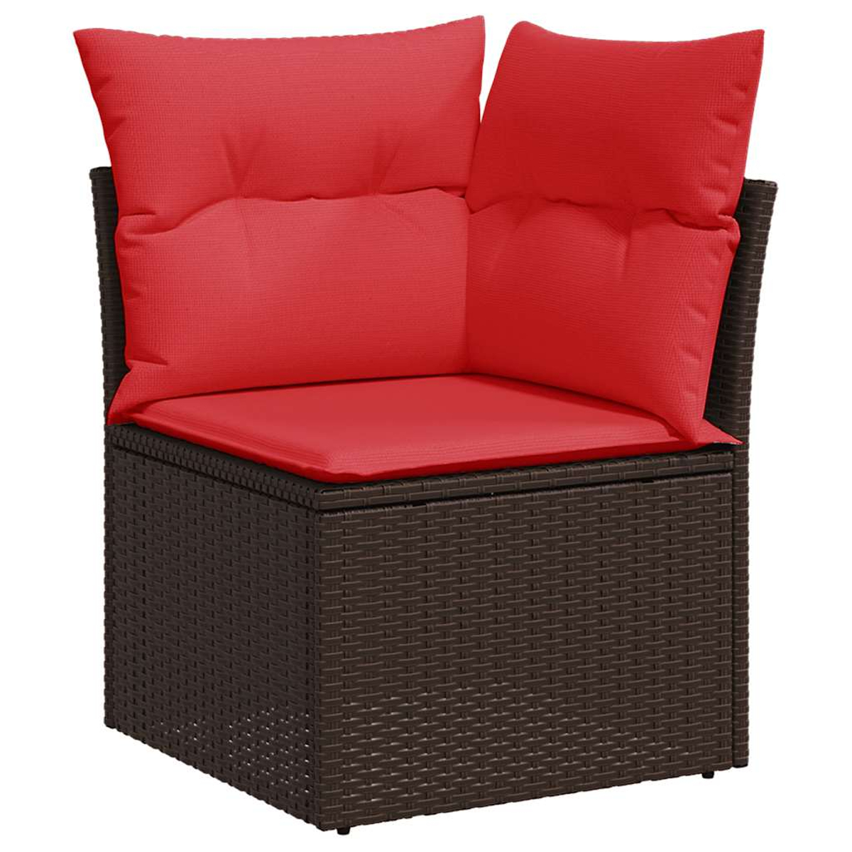 Eckstuhl aus Rattan mit roten Kissen, zeigt die gewebte Textur und Rahmendetails.