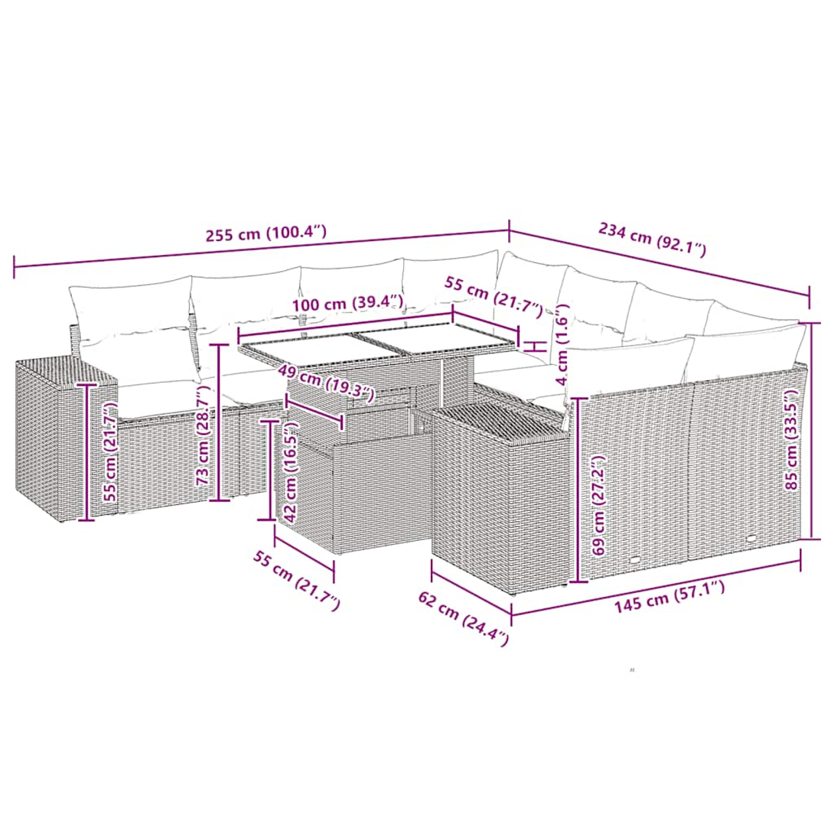 Diagramm eines Outdoor-Sofasets aus Rattan mit Abmessungen in cm und Zoll, verschiedene Winkel.