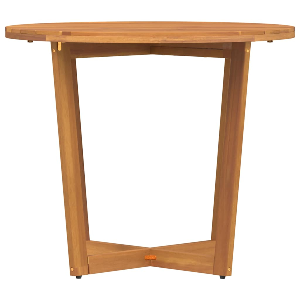 Runder Holztisch im Freien. Der Tisch hat ein kreuzförmiges Gestell. Er hat Holzlatten oben.