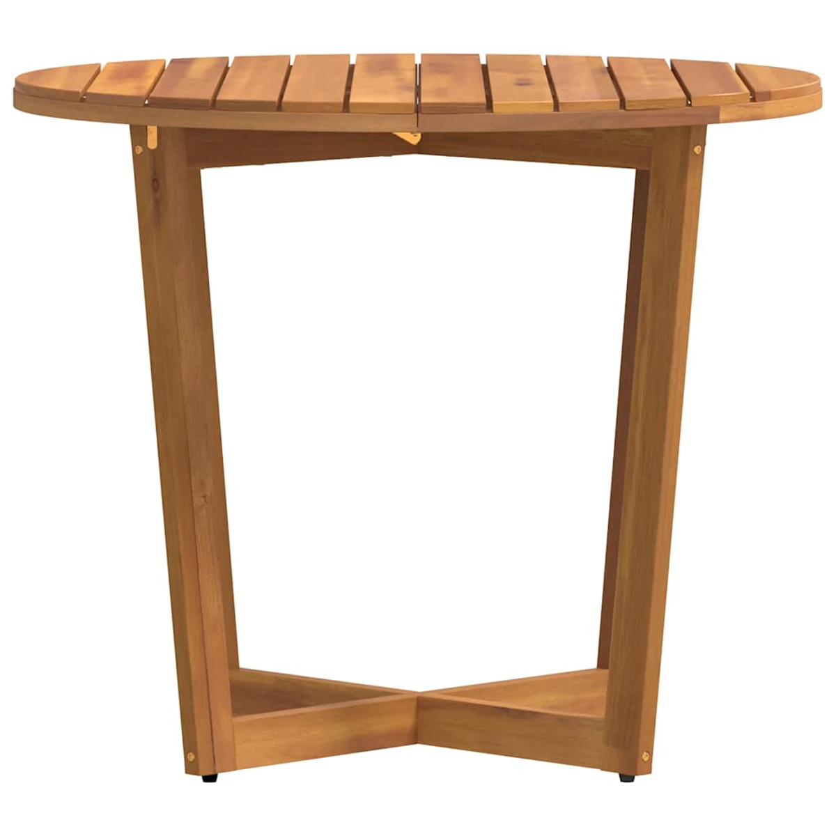 Runder Holztisch im Freien. Der Tisch hat ein kreuzförmiges Gestell. Er hat Holzlatten oben.