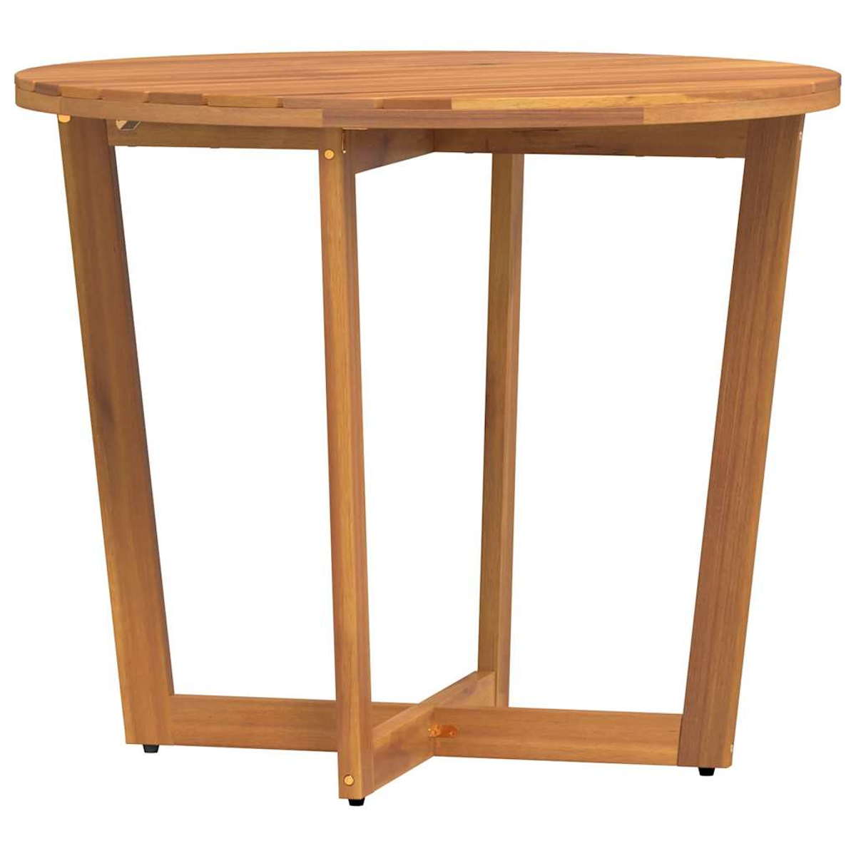 Runder Holztisch im Freien. Der Tisch hat ein kreuzförmiges Gestell. Der Tisch hat eine Holzplatte.