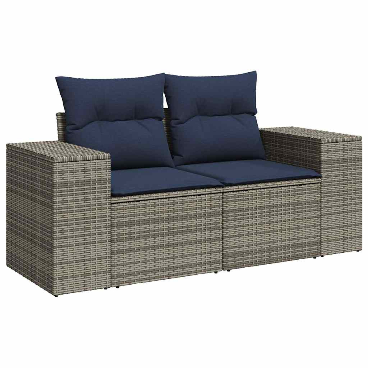 Graues Zweisitzer-Sofa aus Korbgeflecht mit zwei blauen Kissen. Kissen auf Sitz und Rückenlehne.