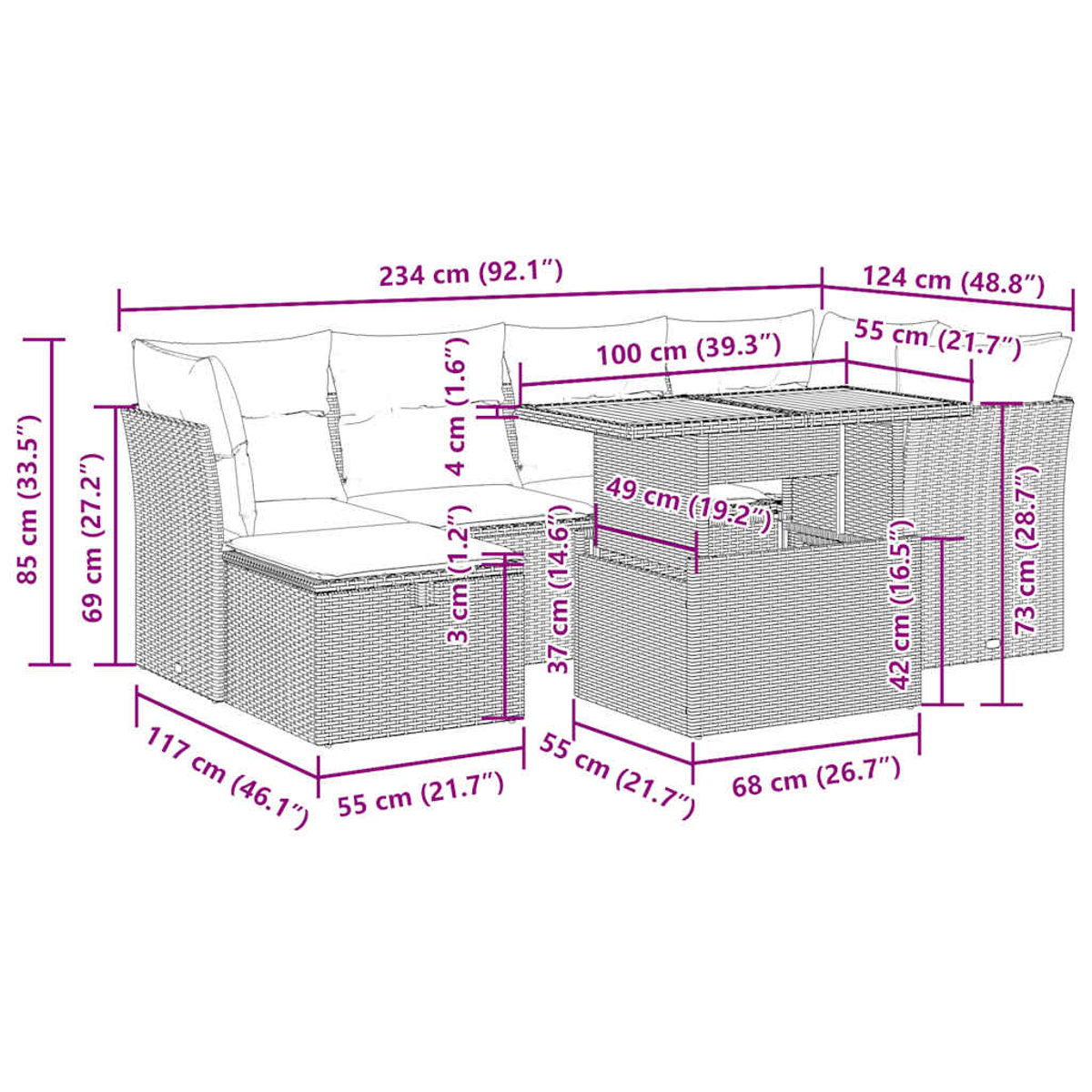 Maßdiagramm eines Rattan-Ecksofas mit blauen Kissen und einem Tisch. Graue Farbe.