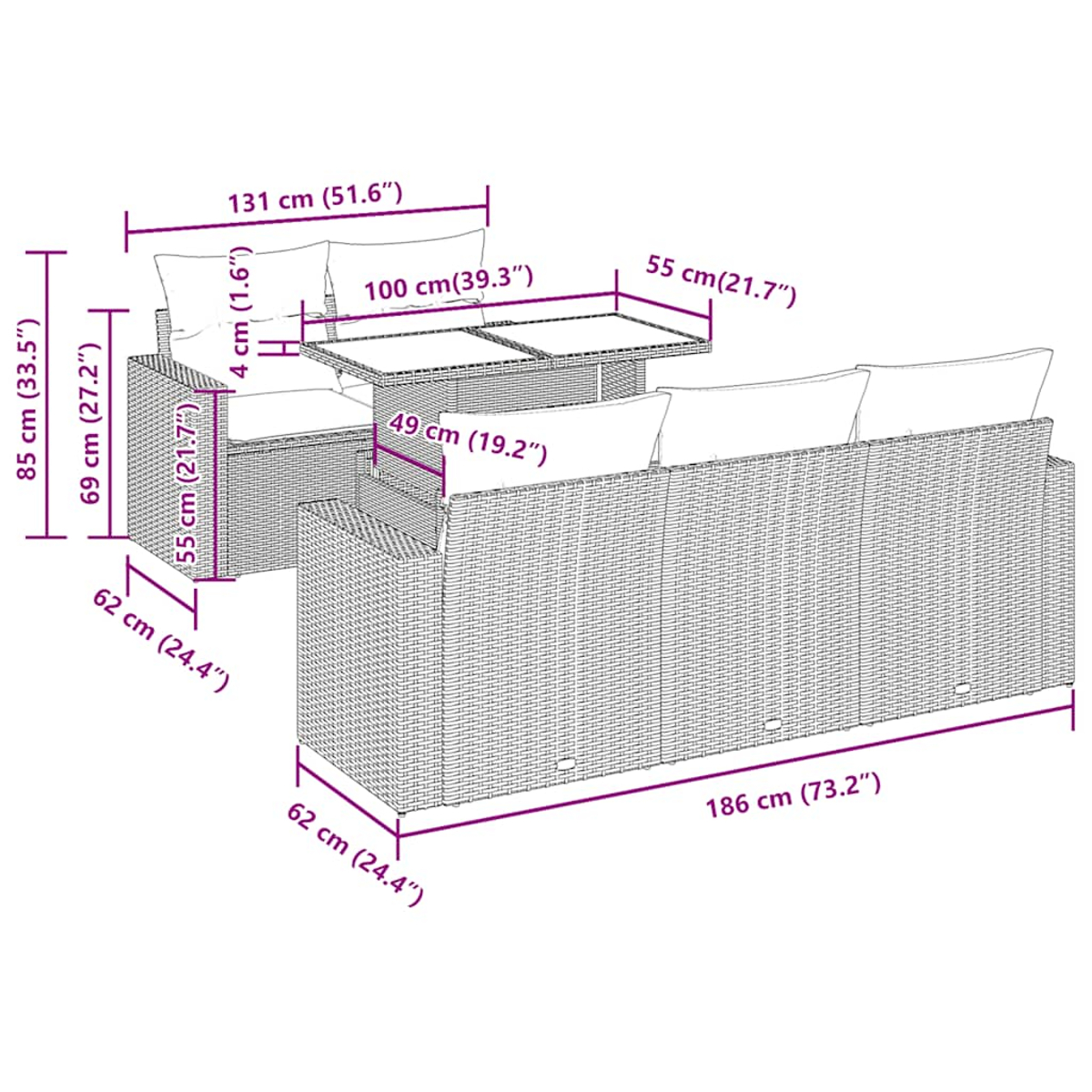 Maßdiagramm eines Rattan-Ecksofas mit blauen Kissen und einem Tisch. Graue Farbe.