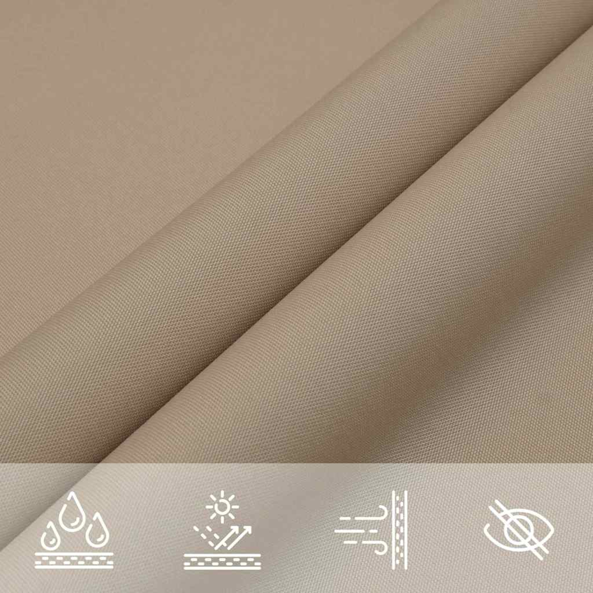 Un primo piano di un tessuto beige con tre icone raffiguranti goccioline d'acqua, sole e flusso d'aria.