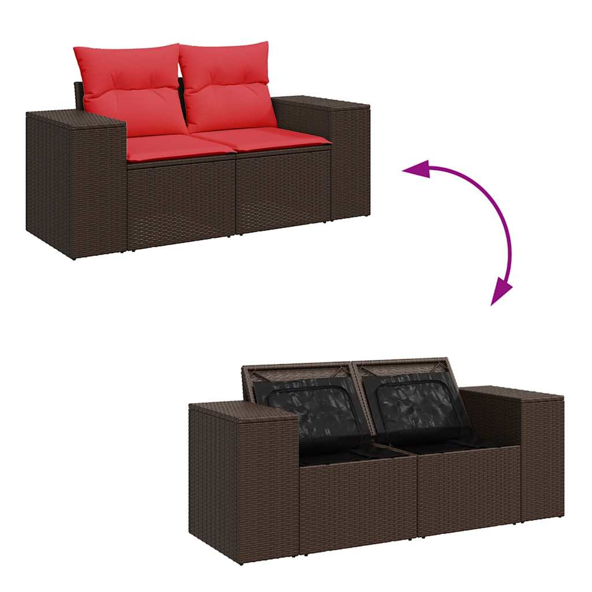 Ein braunes Rattansofa mit roten Kissen, das sich in ein Stauraum verwandelt.