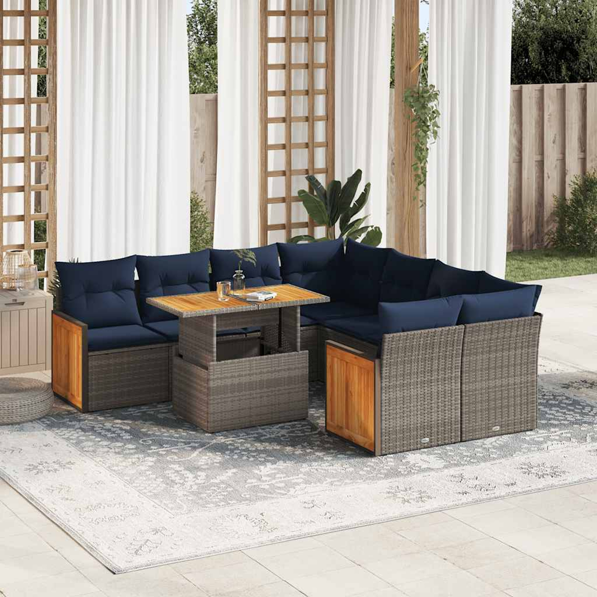 Outdoor-Ecksofa mit Hubtisch, blauen Kissen und Holzakzenten.