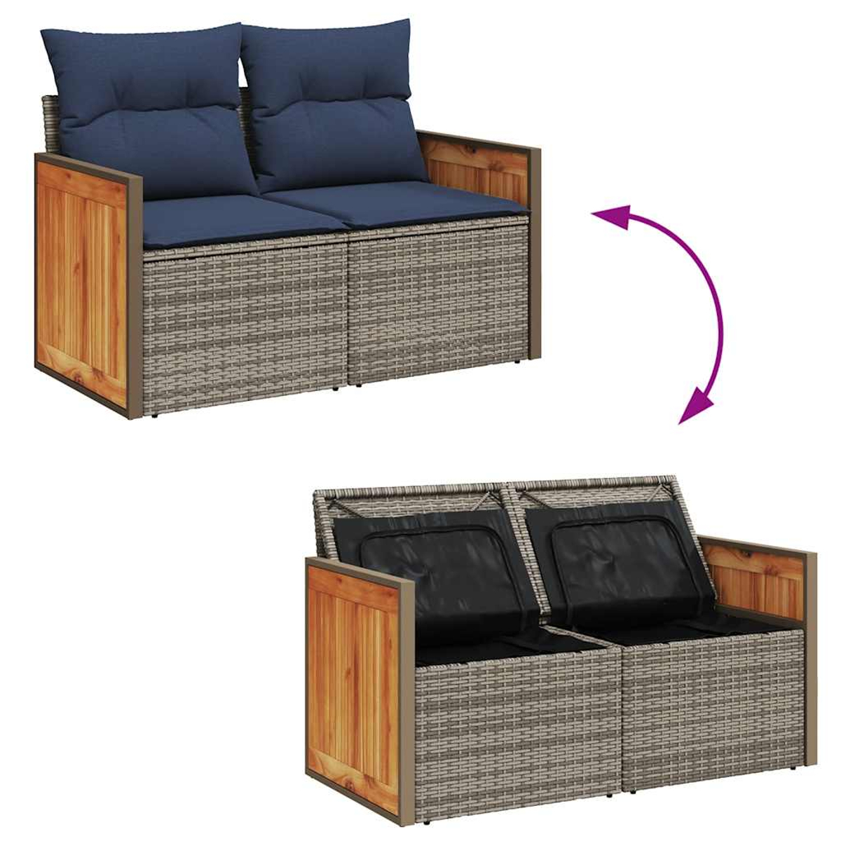 Eine Rattan-Aufbewahrungsbank mit blauen Kissen, umwandelbar in ein Zweisitzer-Sofa.
