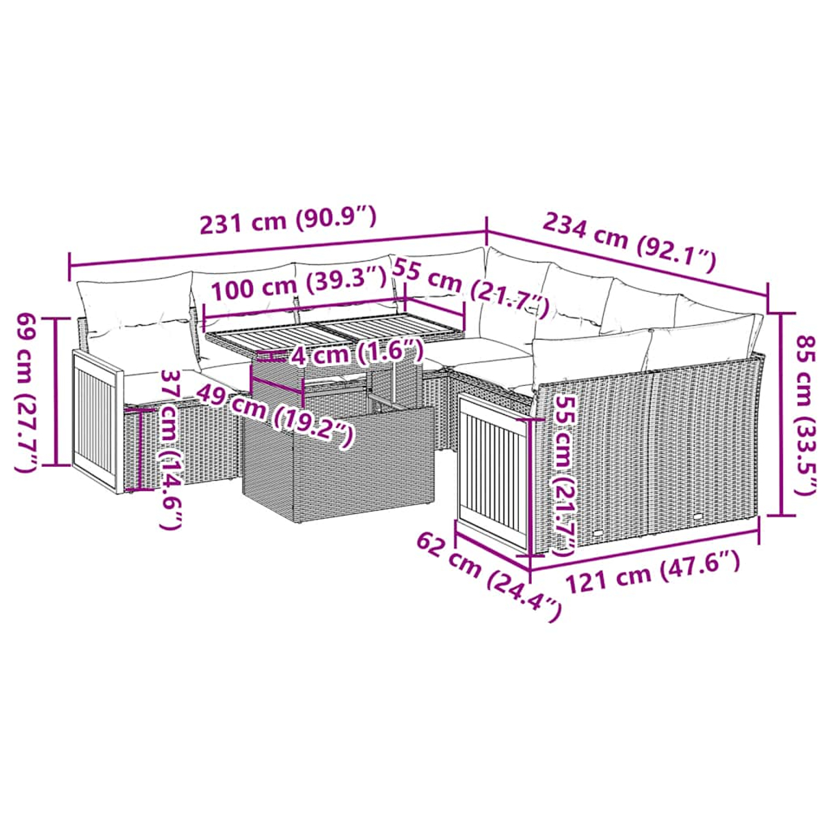 Gartenmöbel-Set mit Abmessungen. Enthält ein Sofa, einen Tisch und eine Ottomane in neutraler Farbe.