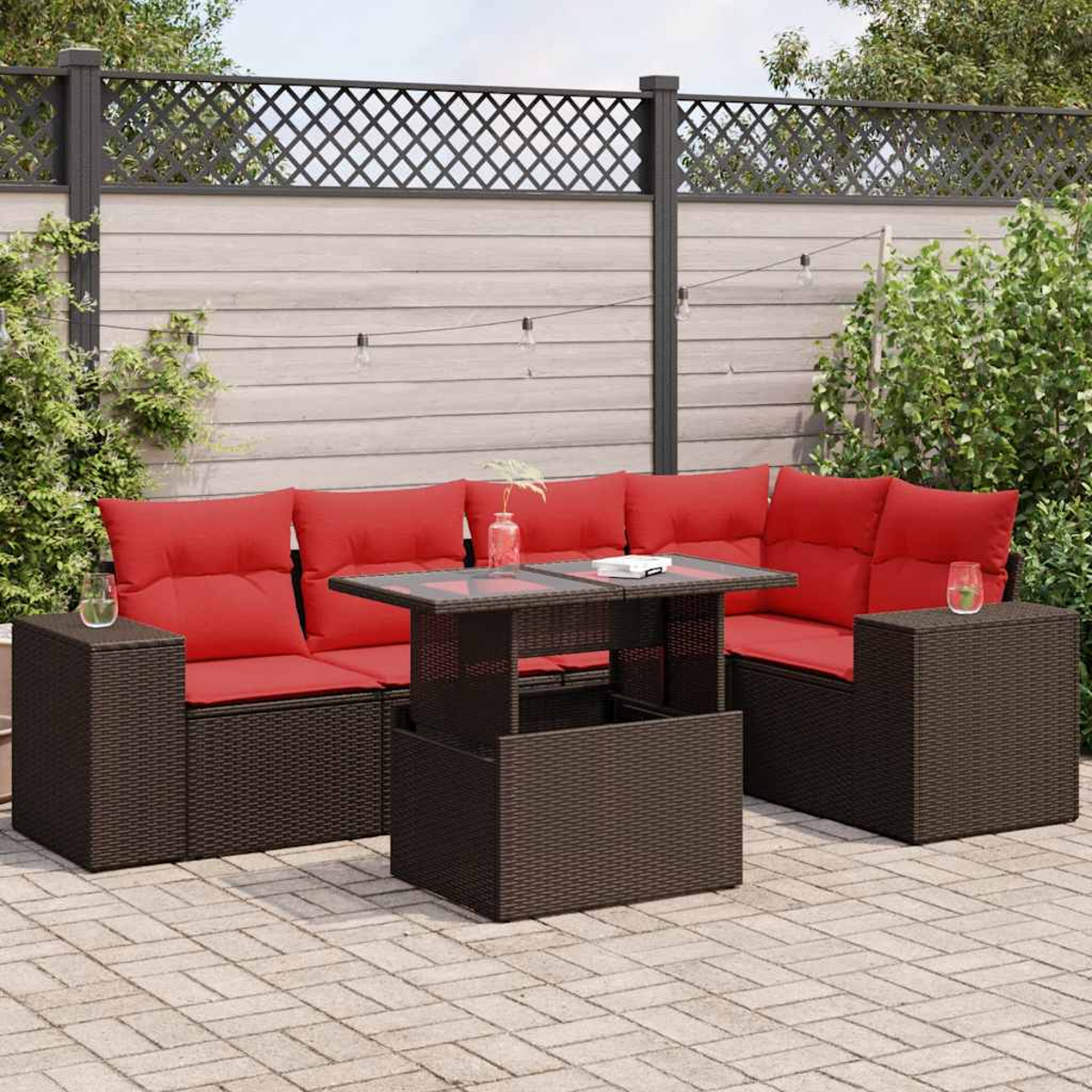 Gartenmöbel-Set mit dunkelbraunem Rahmen und roten Kissen. Enthält einen Tisch und ein Ecksofa.