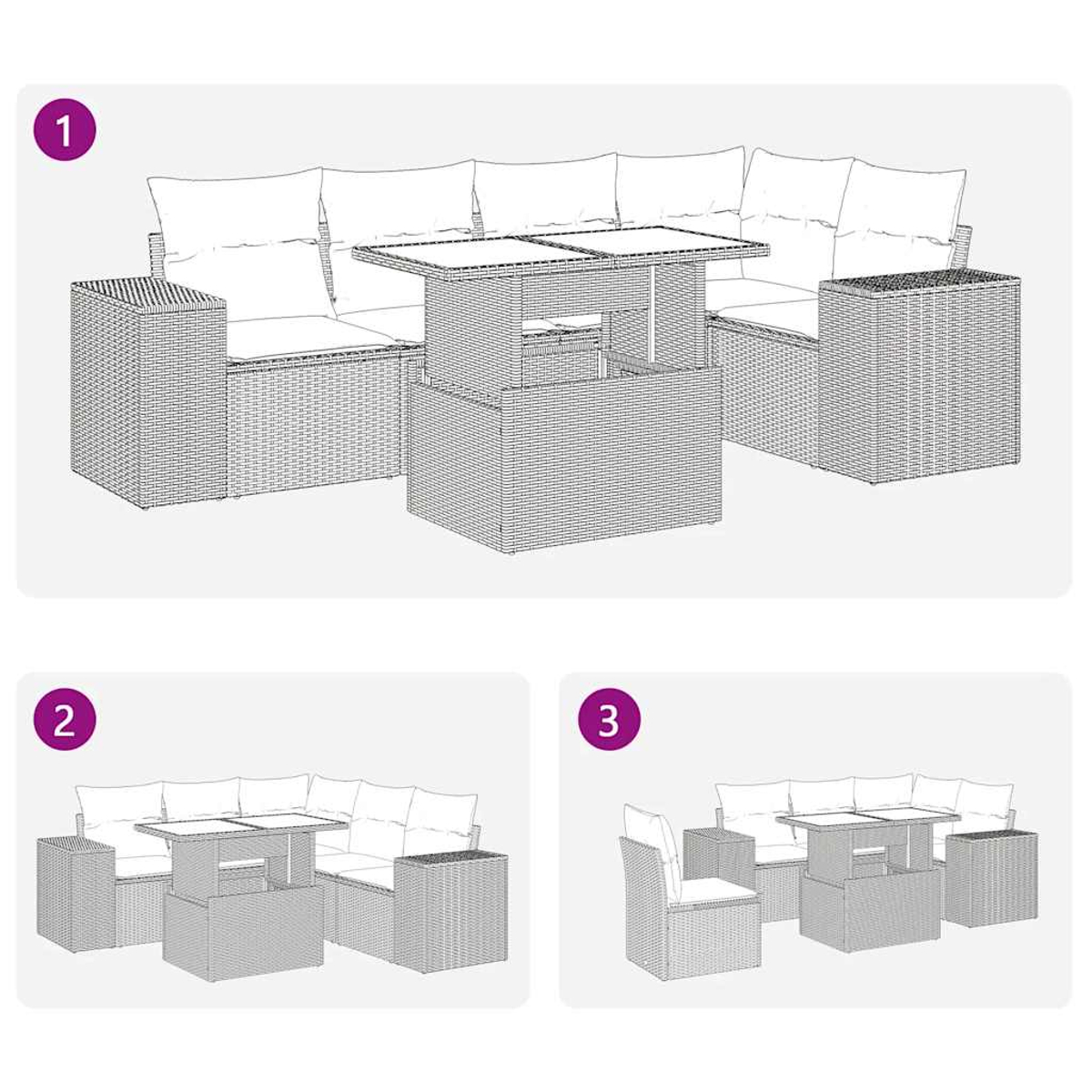 Diagramm eines Gartenmöbelsets mit Sofa, Tisch und Stuhl. Die Elemente sind nummeriert.