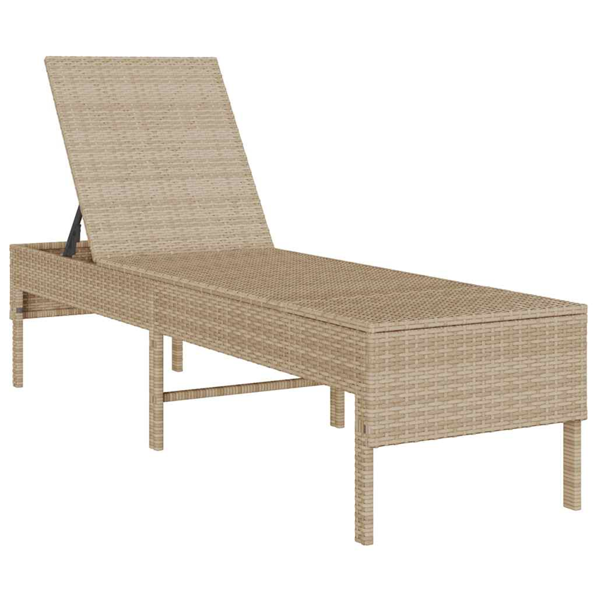 Eine Korbliege mit verstellbarer Rückenlehne, von der Seite gesehen, in beige Farbe.