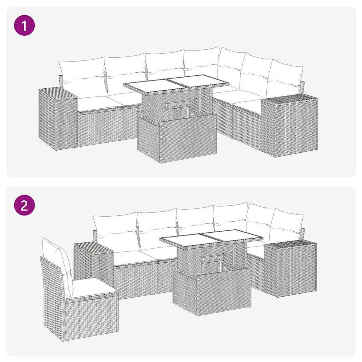Diagramm eines Outdoor-Ecksofas aus Korbgeflecht und einem rechteckigen Tisch, mit zwei Konfigurationen.