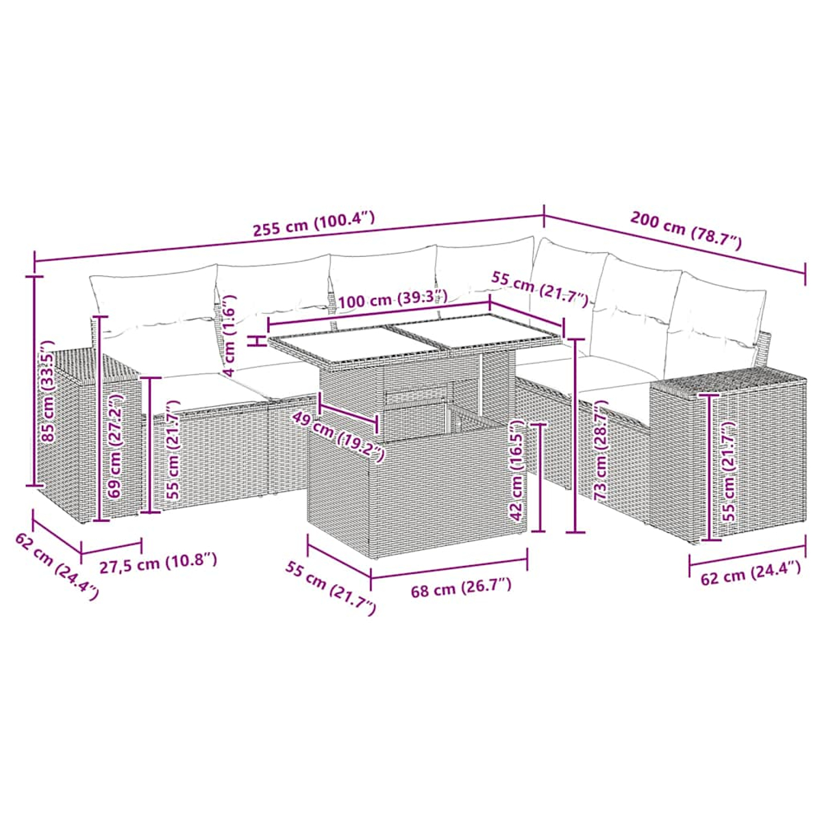 Ein Diagramm mit den Abmessungen eines Ecksofas aus Korbgeflecht und einem rechteckigen Tisch.