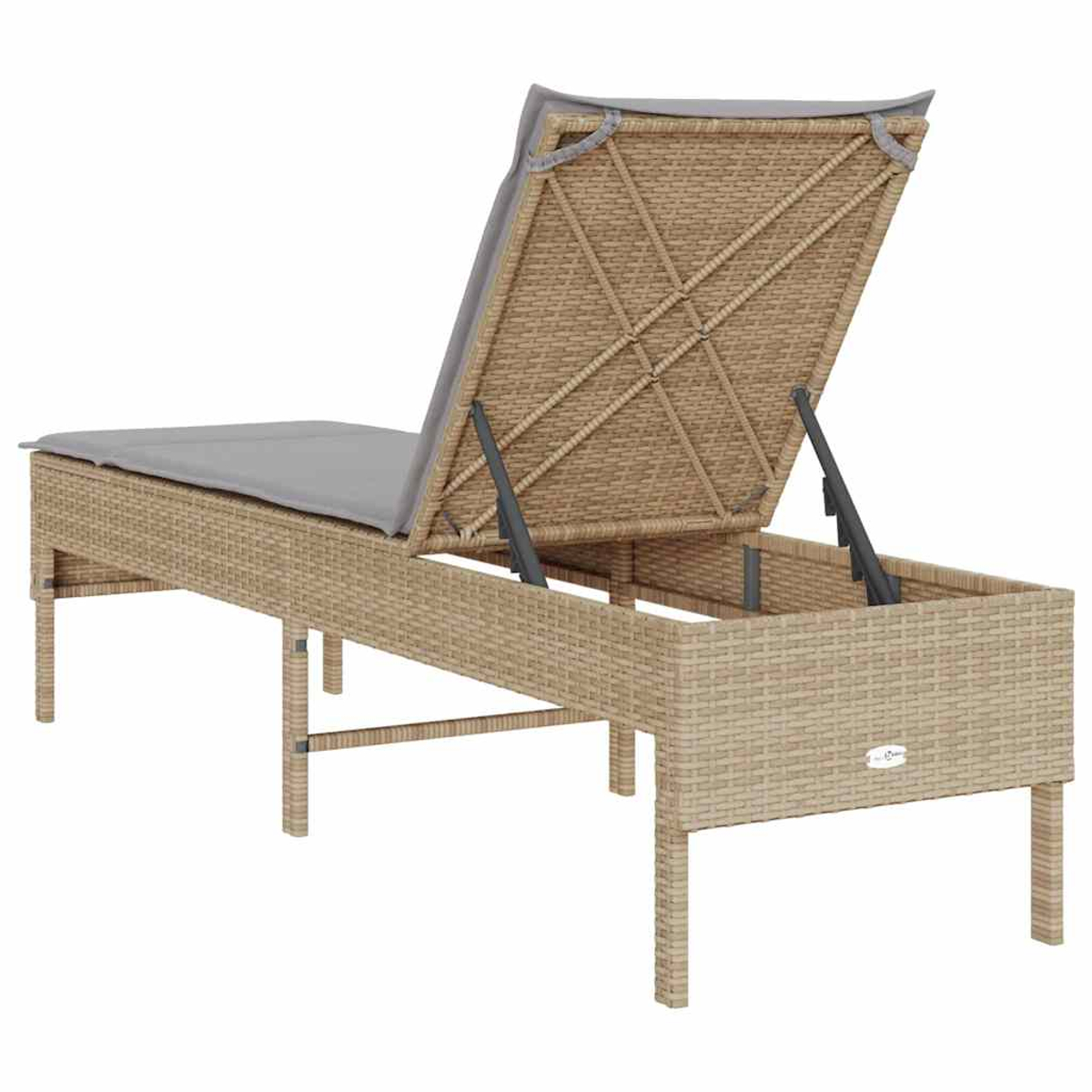 Eine beige Chaiselongue aus Korbgeflecht mit einem grauen Kissen, von hinten gesehen. Die Rückenlehne ist oben.