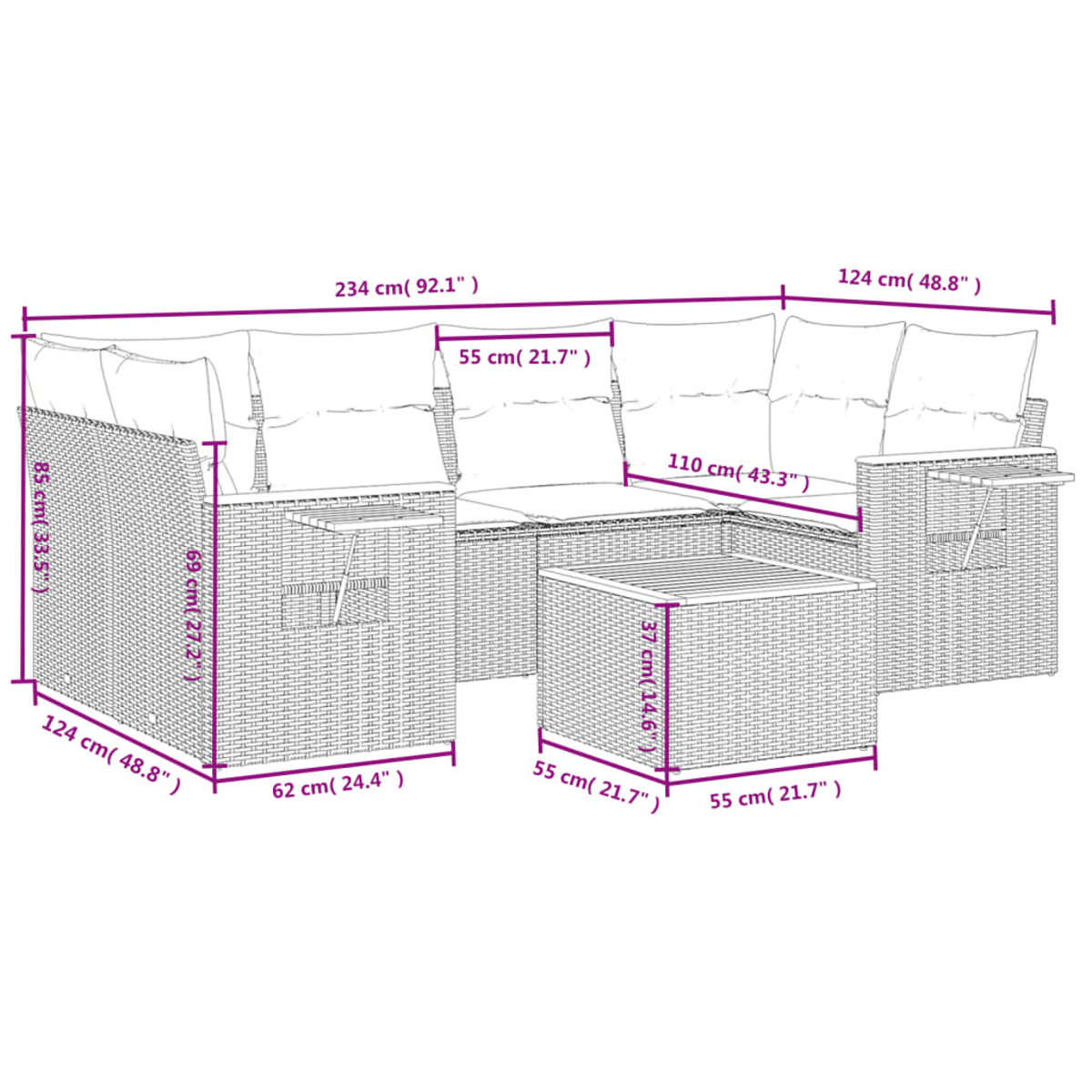 Diagrama de un sofá seccional de mimbre gris y una mesa cuadrada con dimensiones.
