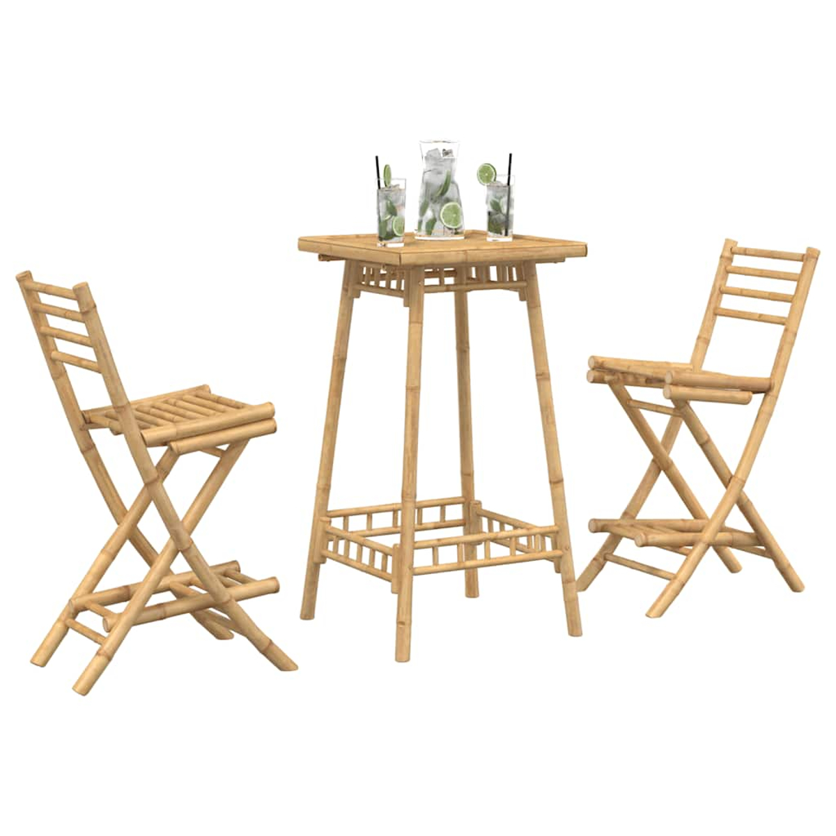 Bambus-Bar-Set: Bartisch und zwei Klappstühle, mit Getränken auf dem Tisch.