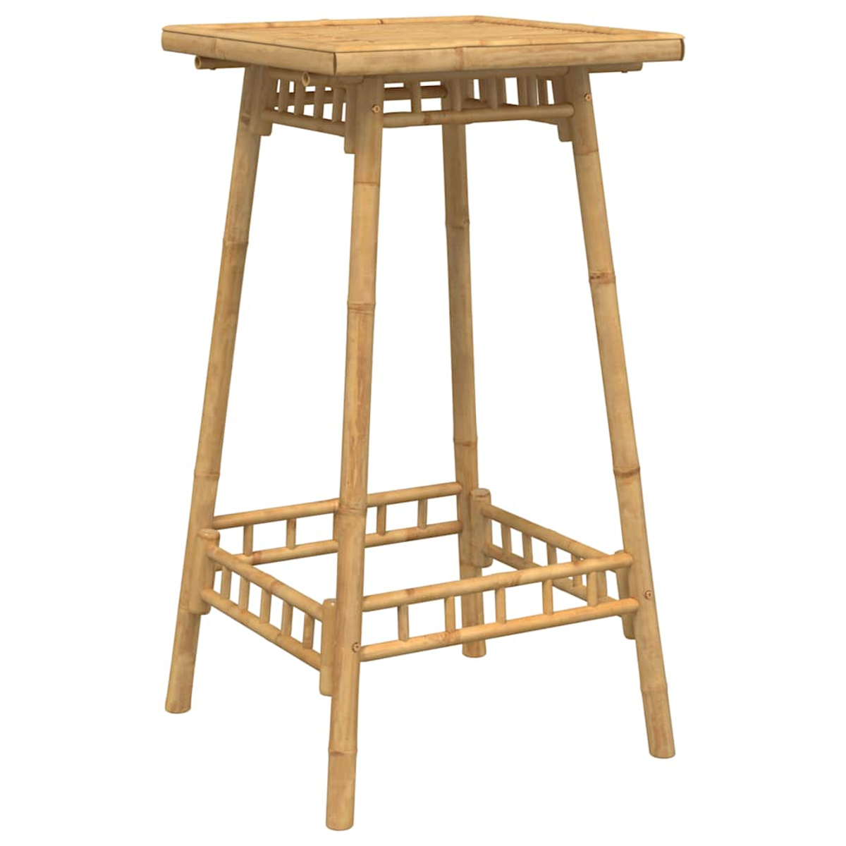 Ein quadratischer Tisch aus Bambus mit vier Beinen, auf weißem Grund. Der Tisch hat ein gitterartiges Untergestell.