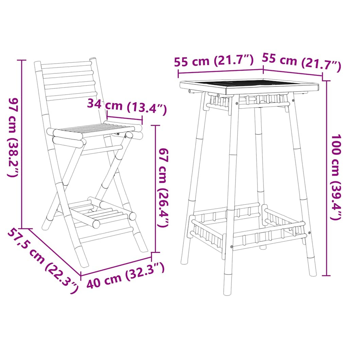Diagramm zeigt Abmessungen von Bambusstuhl und Tisch. Stuhl: 57,5x40x97cm, Tisch: 55x55x100cm. Schwarze Linien zeigen.