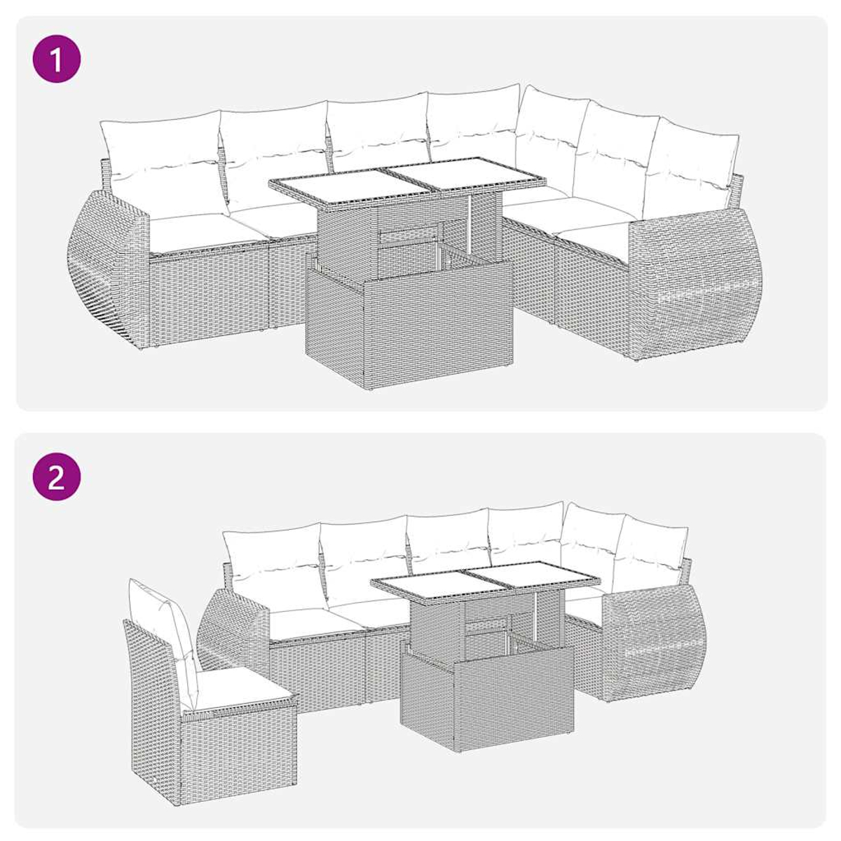 Zwei Anordnungen von Ecksofas aus Korbgeflecht mit einem Tisch. Das Bild ist ein zweiteiliges Diagramm.