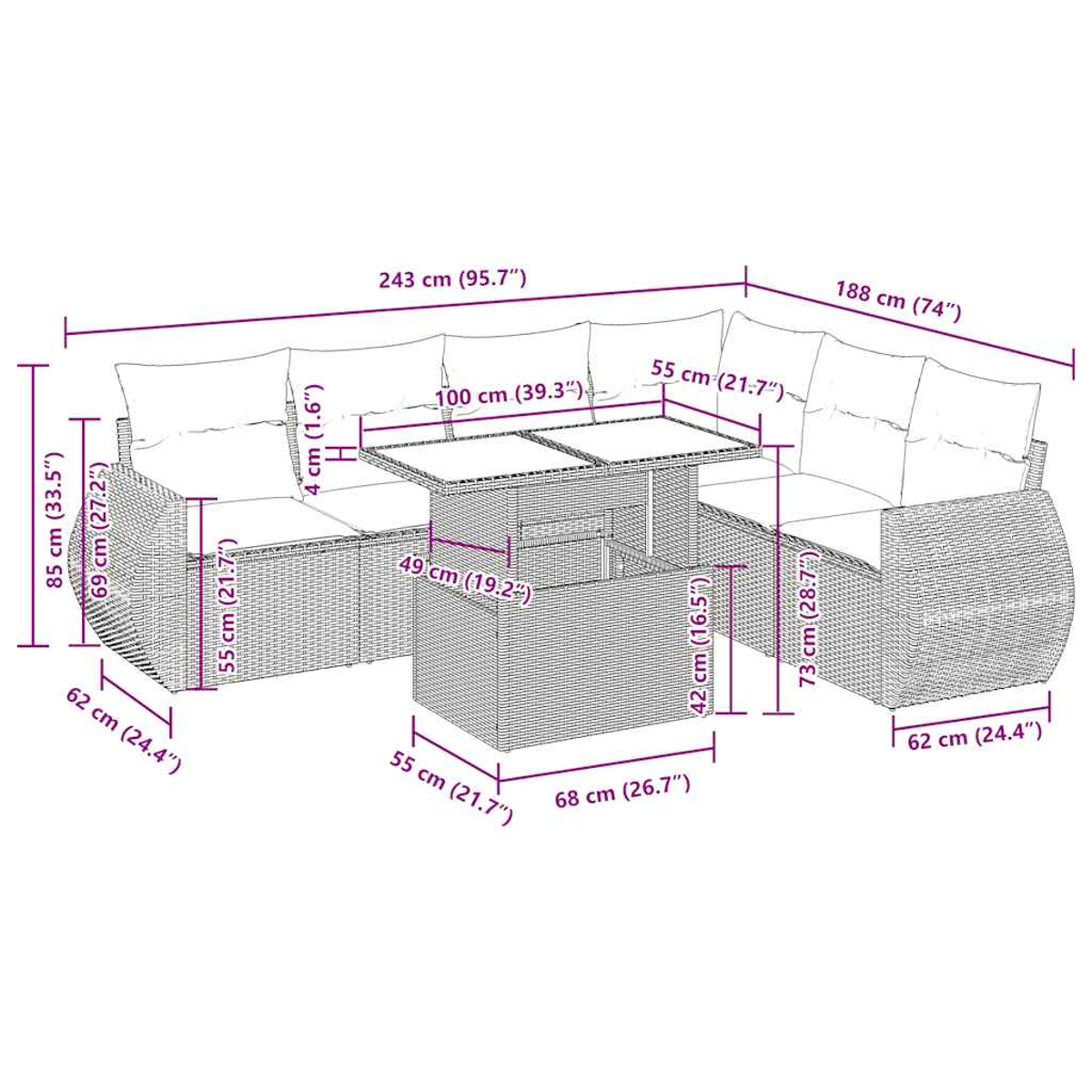 Diagramm eines Korbsessel-Sets mit Abmessungen. Enthält ein Sofa, einen Tisch und einen Eckstuhl. Maße sind in cm.