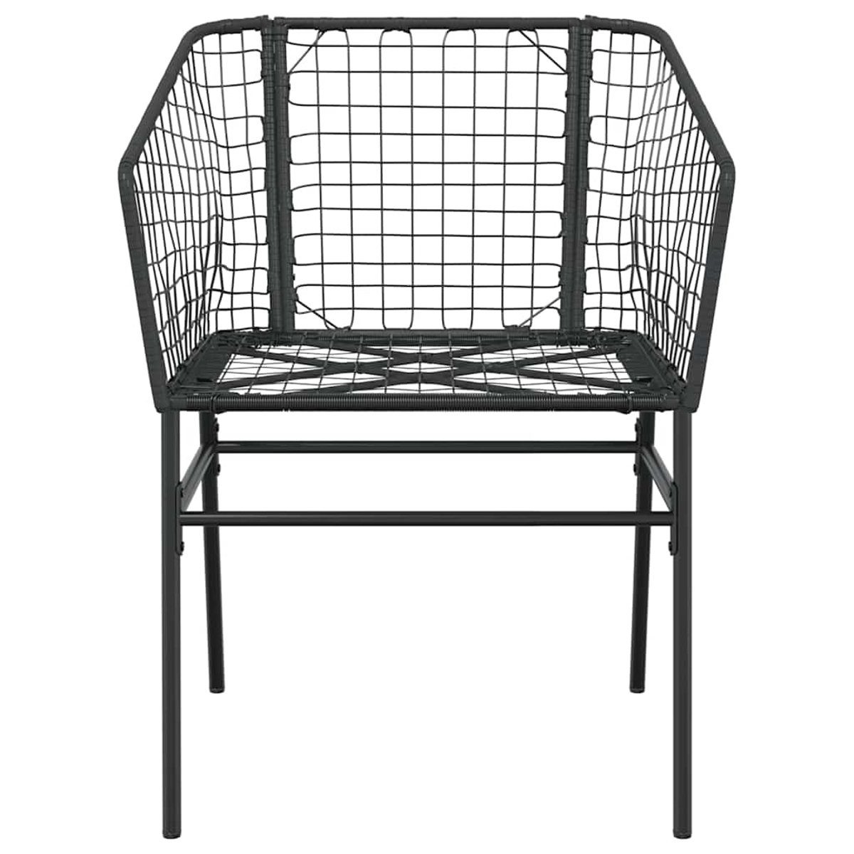 Schwarzer Metallstuhl mit Netzsitz und Rückenlehne. Der Stuhl hat ein schlichtes Design.