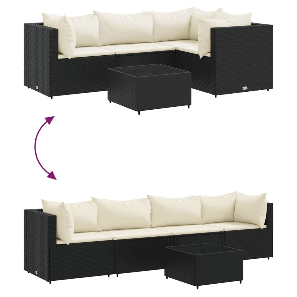 Dos configuraciones de un juego de sofás de mimbre negro y mesa de centro cuadrada. Cojines crema en el sofá.